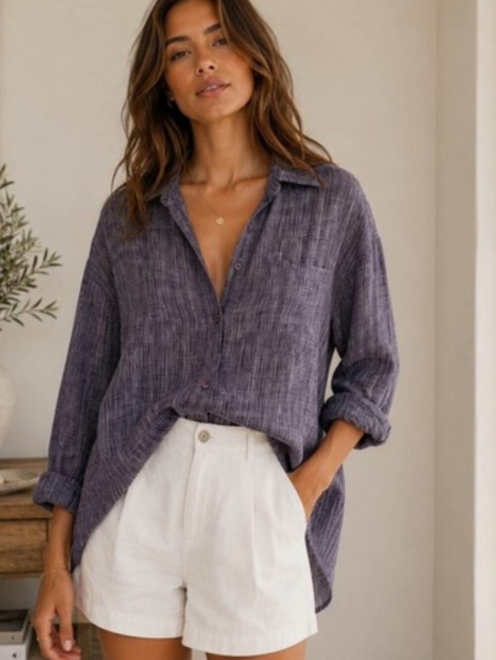 Tracy M Womens Purple White Grid 100% Silk Button Down Shirt Blouse Size M